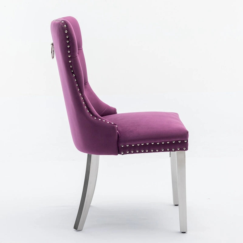Set of 2 Velvet Dining Chairs with Nailhead Trim and Chrome-Plated Stainless Steel Legs