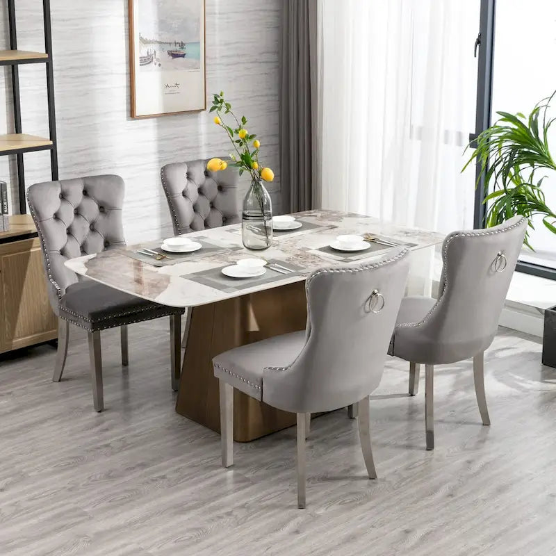 Set of 2 Velvet Dining Chairs with Nailhead Trim and Chrome-Plated Stainless Steel Legs