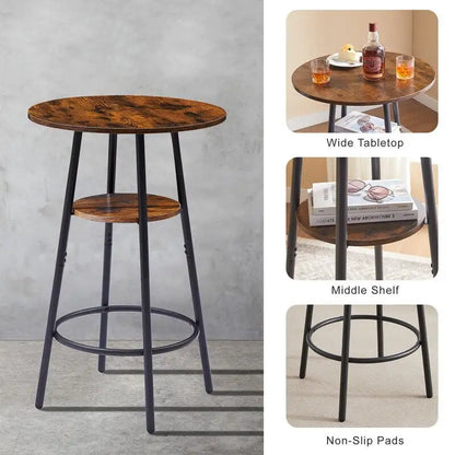 3-Piece Industrial Bar Table Set with 2 Stools, Small Round Counter Height Bistro Pub Dining Table Set for Kitchen, Small Space