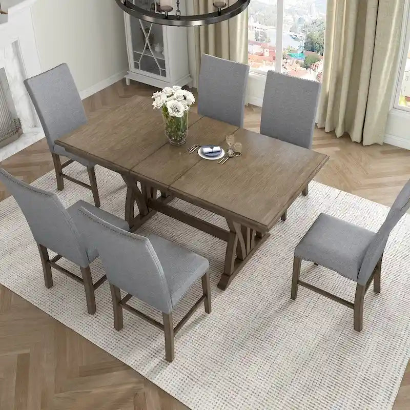 7-Piece Extendable Dining Table Set with Chairs and 12  Leaf