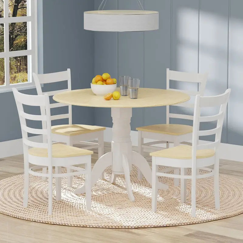 5-Piece Dining Set, 42  Round Drop-Leaf Table and Slat Back Chairs