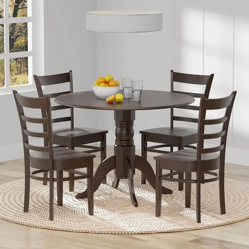 5-Piece Dining Set, 42  Round Drop-Leaf Table and Slat Back Chairs
