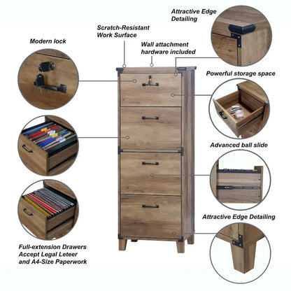 Oxford Farmhouse Rustic Oak 4-Drawer Lateral File