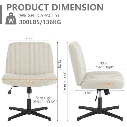 Criss Cross Legged Office, Wide Comfty Desk, Wheels Armless Computer Task, Swivel Vanity Home Chair, Height Adjustable