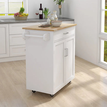 Rolling Kitchen Island with Rubber Wood Top, 33-inch White Storage Trolley Cart with 1 Drawer, Adjustable Shelves & Towel Rack