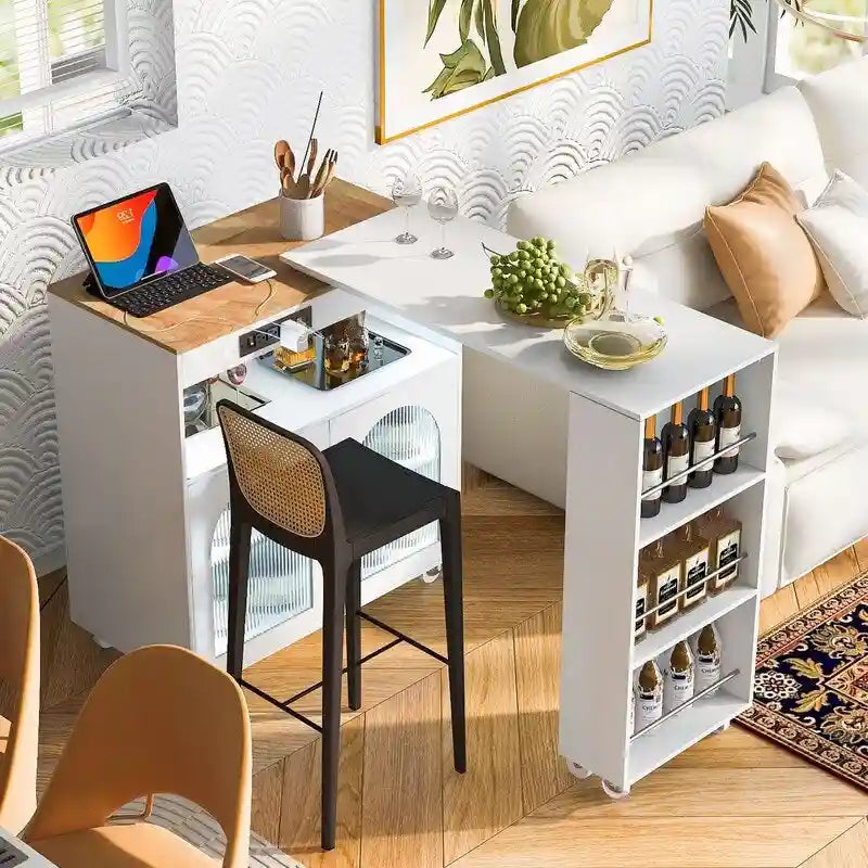 Rolling Kitchen Island on Wheels With Extended Table,LED Lights,Power Outlets and 2 Fluted Glass Doors