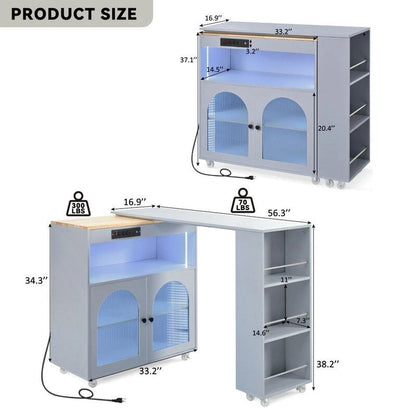 Rolling Kitchen Island on Wheels With Extended Table,LED Lights,Power Outlets and 2 Fluted Glass Doors