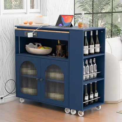 Rolling Kitchen Island on Wheels With Extended Table,LED Lights,Power Outlets and 2 Fluted Glass Doors