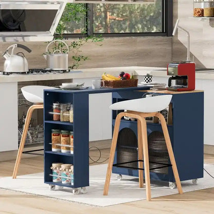 Rolling Kitchen Island on Wheels With Extended Table,LED Lights,Power Outlets and 2 Fluted Glass Doors