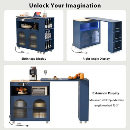 Rolling Kitchen Island on Wheels With Extended Table,LED Lights,Power Outlets and 2 Fluted Glass Doors