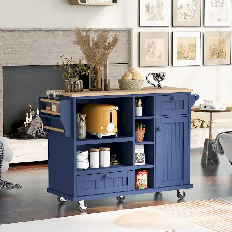 Rubberwood Kitchen Cart with Drop Leaf, Microwave storage rack, Exterior Shelves, and 2 drawers