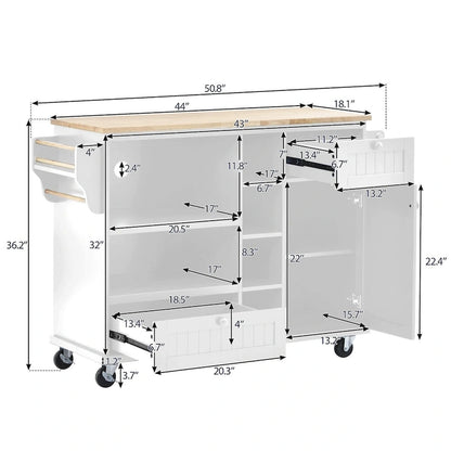 Rubberwood Kitchen Cart with Drop Leaf, Microwave storage rack, Exterior Shelves, and 2 drawers