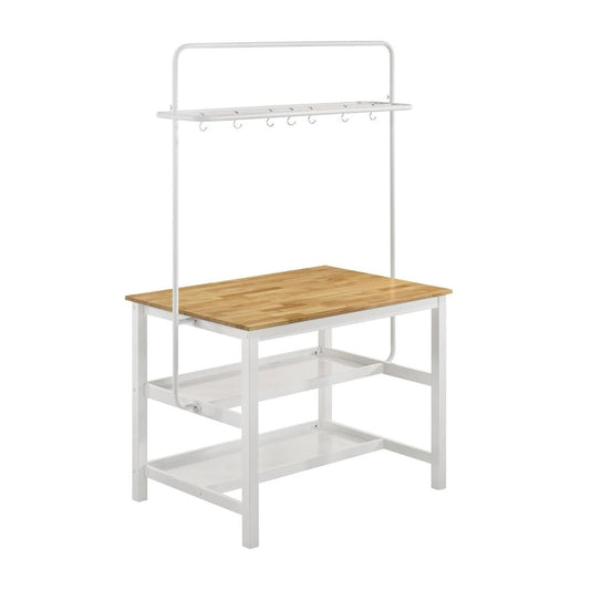 Prager Brown and White Kitchen Island Counter Table with Pot Rack