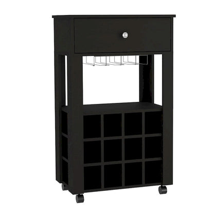 Bar Cart , Twelve Wine Cubbies, Four Legs, Black Wengue Finish