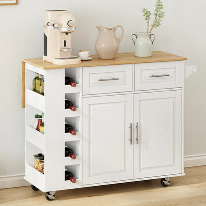 Multi-Functional Kitchen Island Cart with Spice Rack, Towel Holder, Wine Rack, and Foldable Rubberwood Table Top