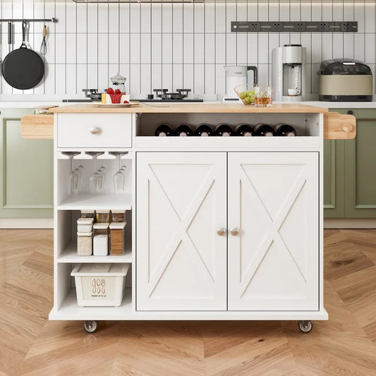 44 Inch Kitchen Island Cart with Solid Wood Top,Spice Rack,Wine Glass Holder,Rolling Table on Wheels,Tool-Free Installation