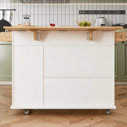 44 Inch Kitchen Island Cart with Solid Wood Top,Spice Rack,Wine Glass Holder,Rolling Table on Wheels,Tool-Free Installation