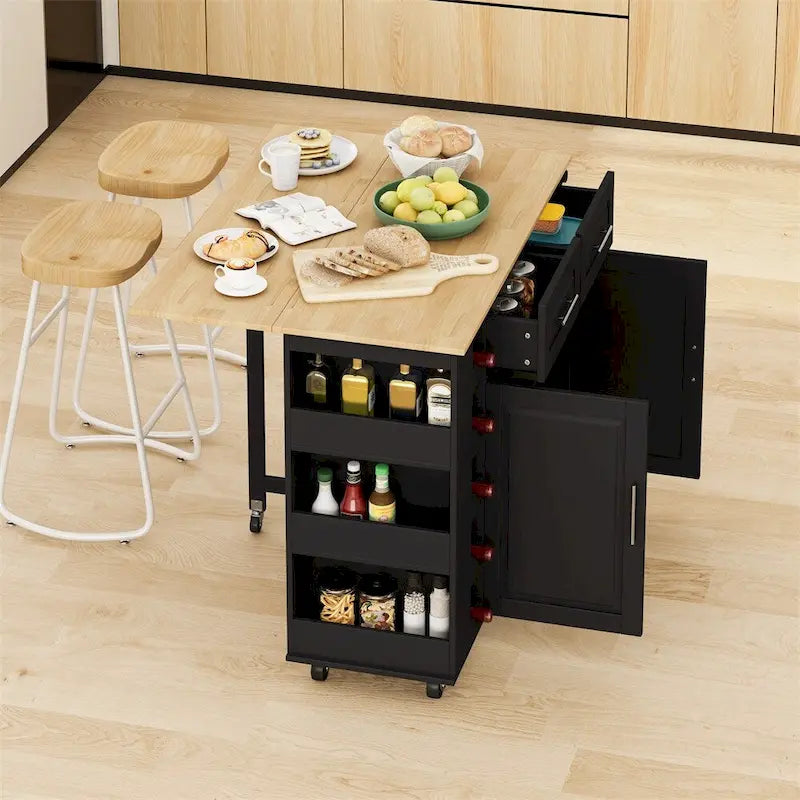 Multi-Functional Kitchen Island Cart with 2 Door Cabinet and Wine Rack - N/A
