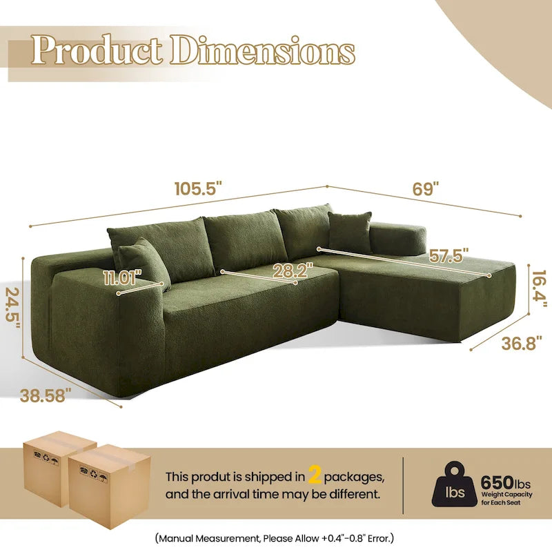HOOOWOOO Modern Upholstery Chaise Sofa with Pillows for Living Room