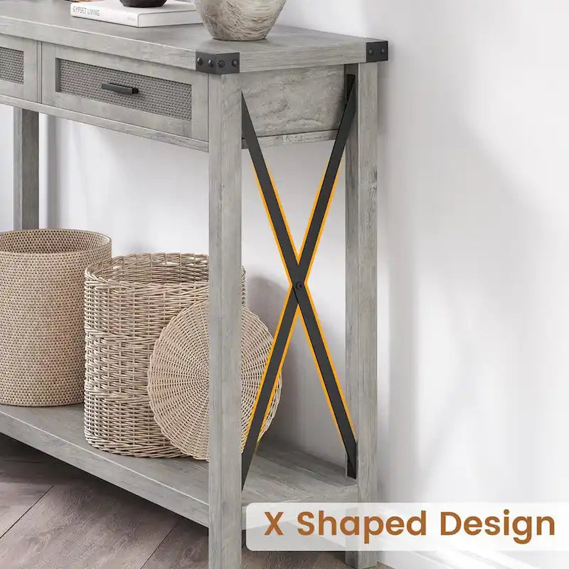 Console Table with Rattan Drawers, Farmhouse Sofa Table