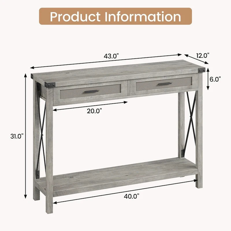 Console Table with Rattan Drawers, Farmhouse Sofa Table
