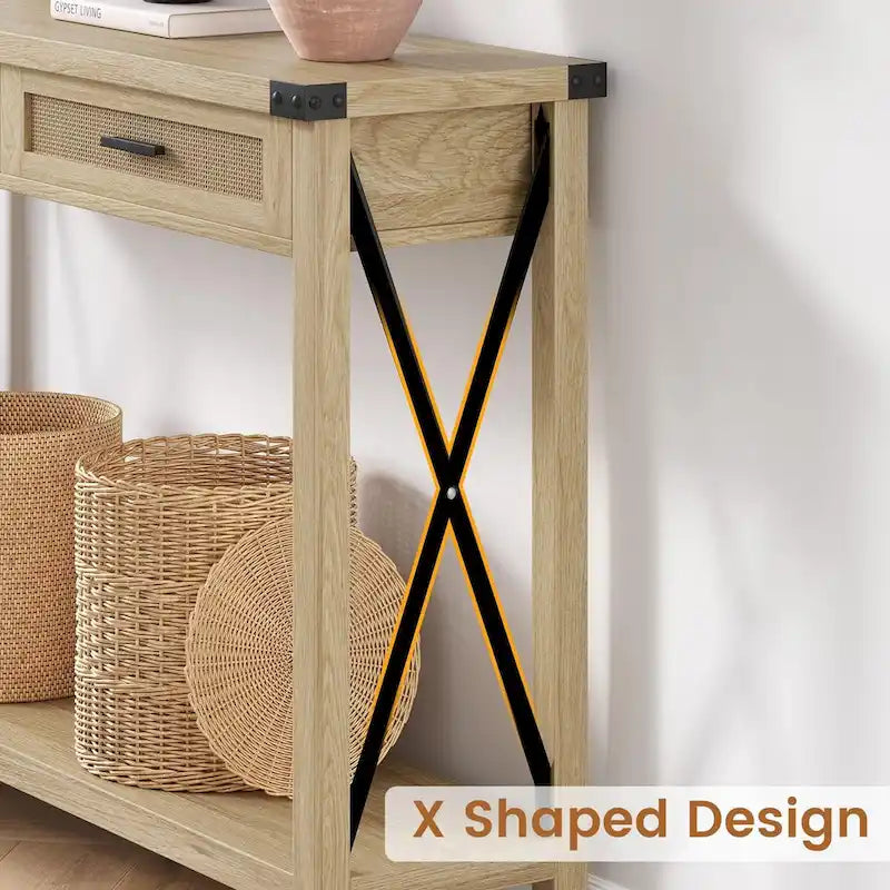 Console Table with Rattan Drawers, Farmhouse Sofa Table
