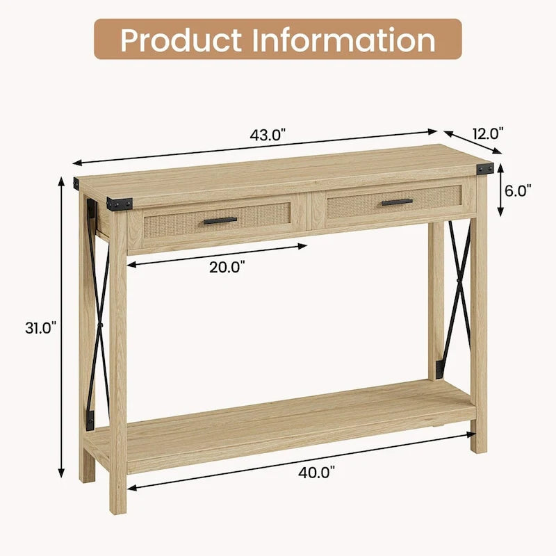 Console Table with Rattan Drawers, Farmhouse Sofa Table