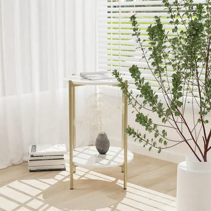 2-Tier Marble Table Round Coffee End Side Table with Storage Shelf