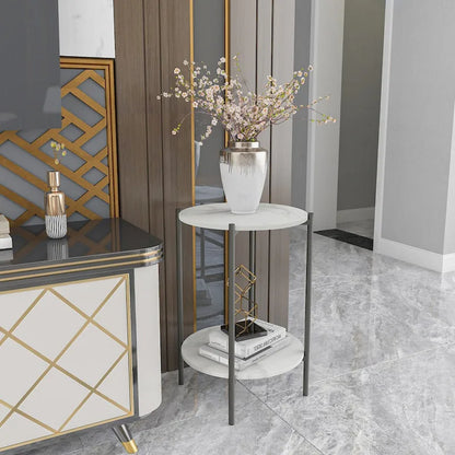 2-Tier Marble Table Round Coffee End Side Table with Storage Shelf