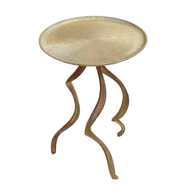 24 Inch Accent Side Table, Antler Base Design, Ribbed Top, Aluminium, Gold