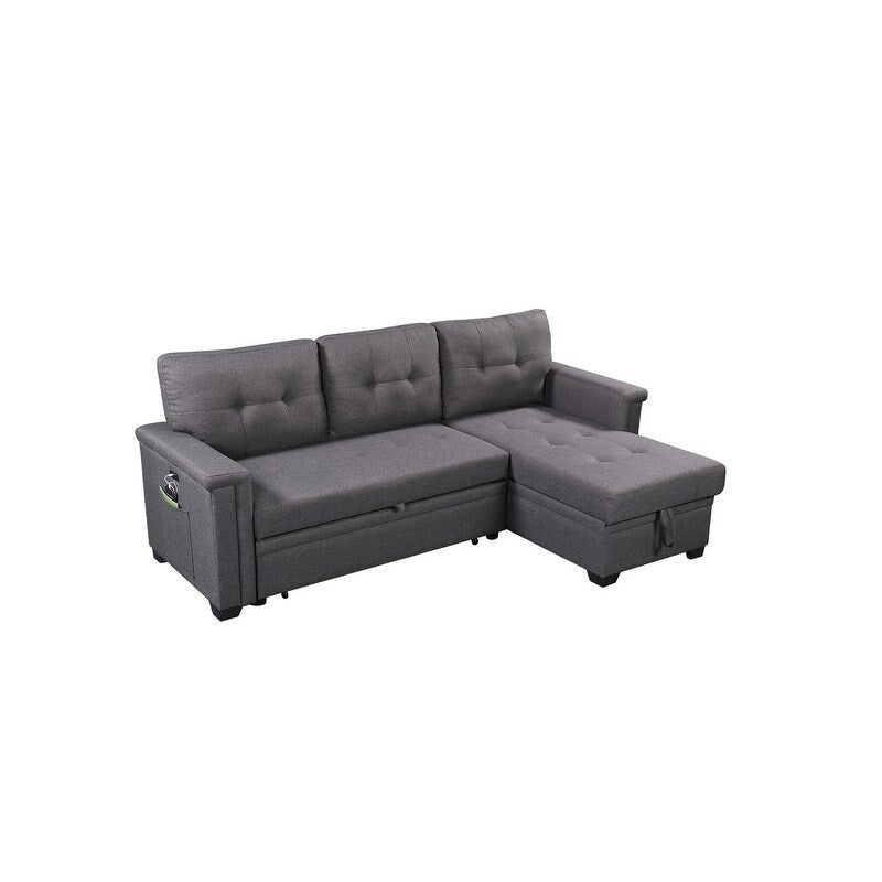 Ashlyn 84-inch Dark Gray Reversible Sleeper Sectional Sofa with Storage Chaise and USB Charging Ports - 84 W x 54 D x 35 H