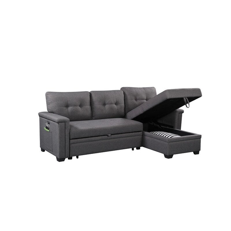 Ashlyn 84-inch Dark Gray Reversible Sleeper Sectional Sofa with Storage Chaise and USB Charging Ports - 84 W x 54 D x 35 H