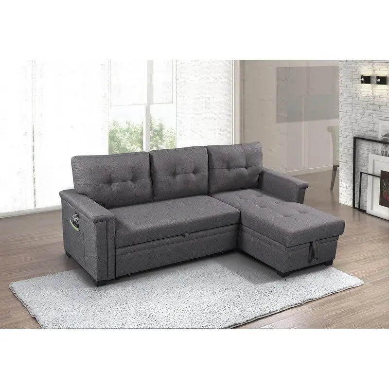 Ashlyn 84-inch Dark Gray Reversible Sleeper Sectional Sofa with Storage Chaise and USB Charging Ports - 84 W x 54 D x 35 H