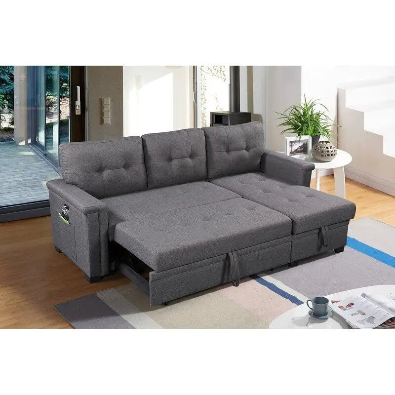 Ashlyn 84-inch Dark Gray Reversible Sleeper Sectional Sofa with Storage Chaise and USB Charging Ports - 84 W x 54 D x 35 H