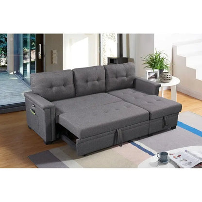 Ashlyn 84-inch Dark Gray Reversible Sleeper Sectional Sofa with Storage Chaise and USB Charging Ports - 84 W x 54 D x 35 H