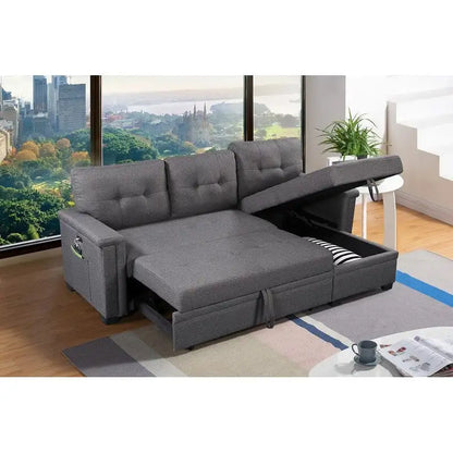 Ashlyn 84-inch Dark Gray Reversible Sleeper Sectional Sofa with Storage Chaise and USB Charging Ports - 84 W x 54 D x 35 H