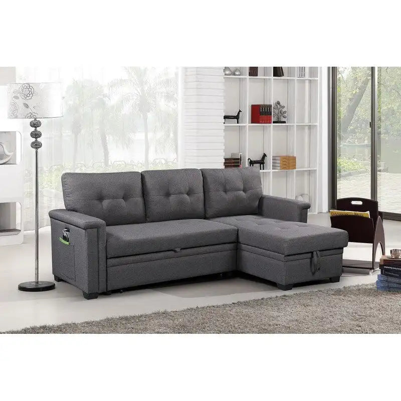 Ashlyn 84-inch Dark Gray Reversible Sleeper Sectional Sofa with Storage Chaise and USB Charging Ports - 84 W x 54 D x 35 H