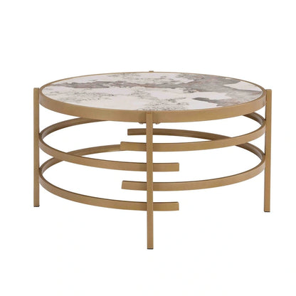 32.48 Round Coffee Table With Sintered Stone Top & Sturdy Metal Frame, Modern Coffee Table for Living Room