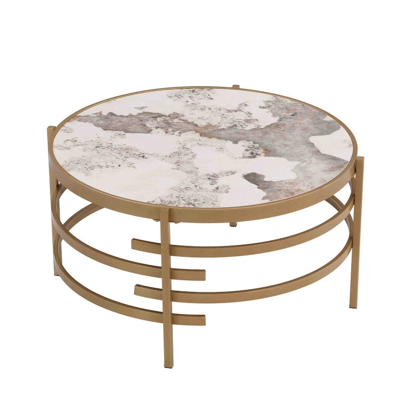 32.48 Round Coffee Table With Sintered Stone Top & Sturdy Metal Frame, Modern Coffee Table for Living Room