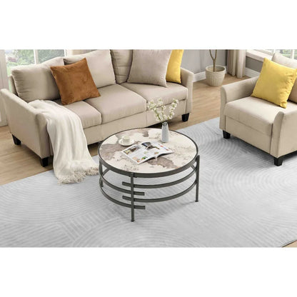 32.48 Round Coffee Table With Sintered Stone Top & Sturdy Metal Frame, Modern Coffee Table for Living Room
