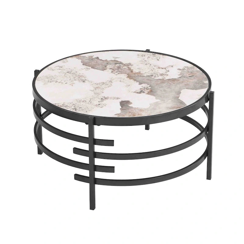 32.48 Round Coffee Table With Sintered Stone Top & Sturdy Metal Frame, Modern Coffee Table for Living Room