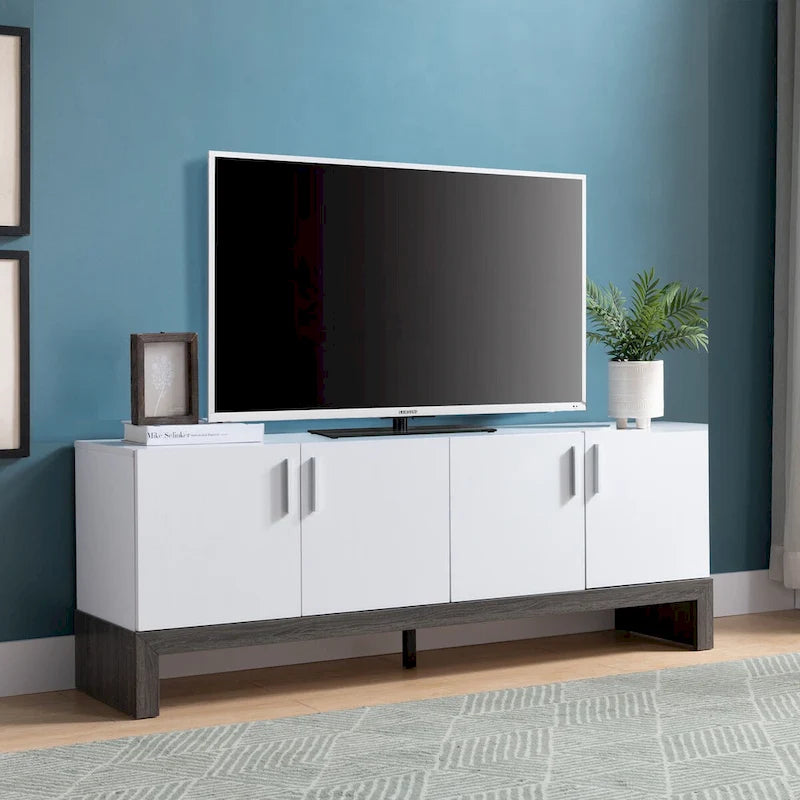 Side Credenza with 4 Doors, Storage Cabinets, 60  TV Stand- White & Distressed Grey