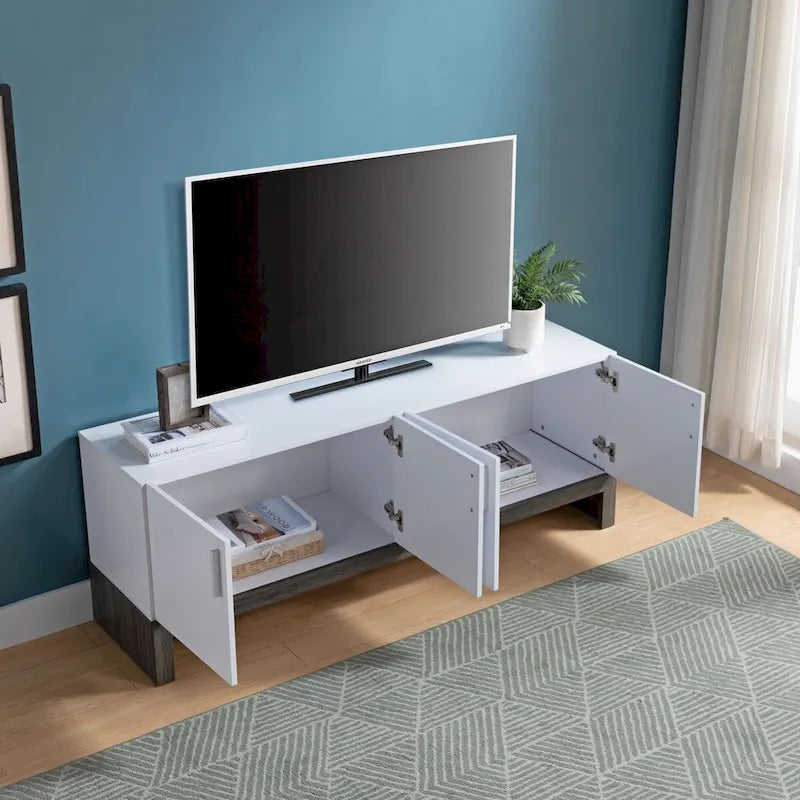 Side Credenza with 4 Doors, Storage Cabinets, 60  TV Stand- White & Distressed Grey