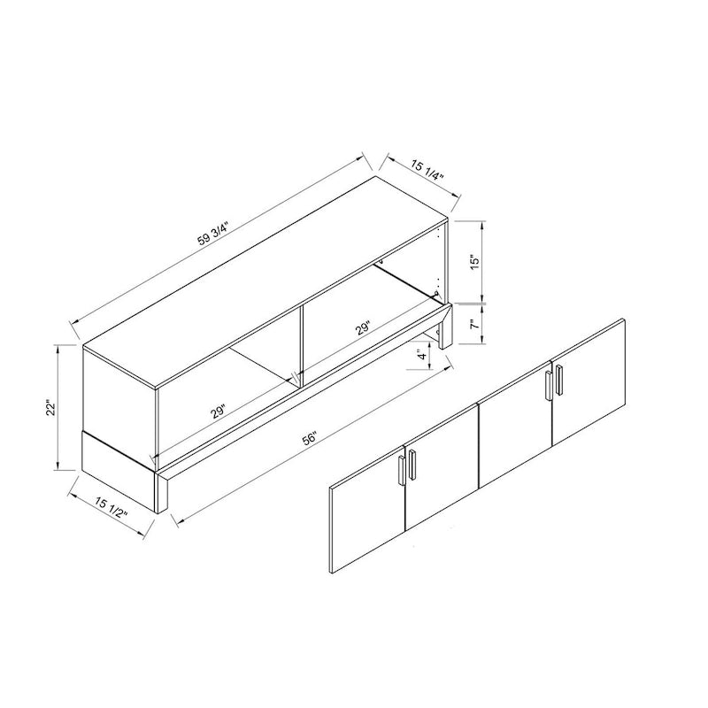 Side Credenza with 4 Doors, Storage Cabinets, 60  TV Stand- White & Distressed Grey