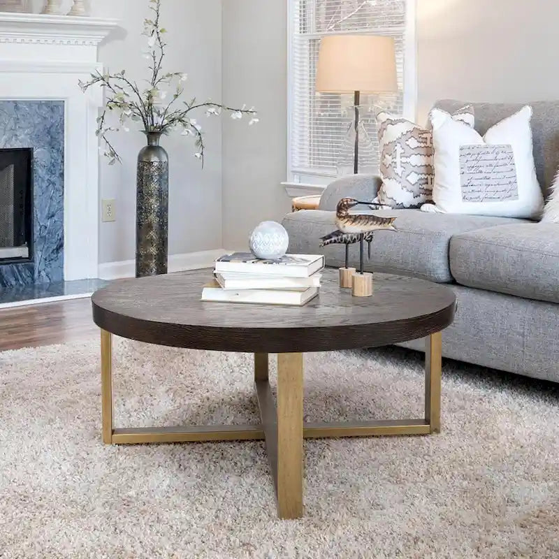 36 inch Rustic Round Wood Coffee Table Hammered Cross Legs Gold Finish Metal for Living Room - D36  X H16 
