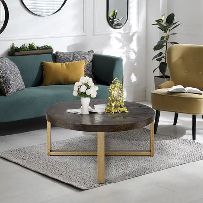 36 inch Rustic Round Wood Coffee Table Hammered Cross Legs Gold Finish Metal for Living Room - D36  X H16