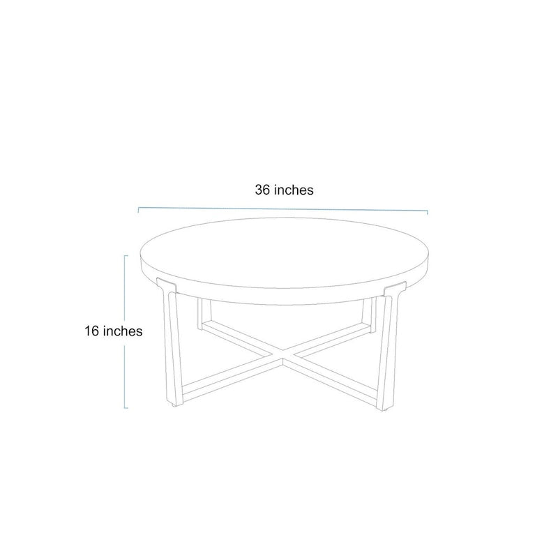 36 inch Rustic Round Wood Coffee Table Hammered Cross Legs Gold Finish Metal for Living Room - D36  X H16
