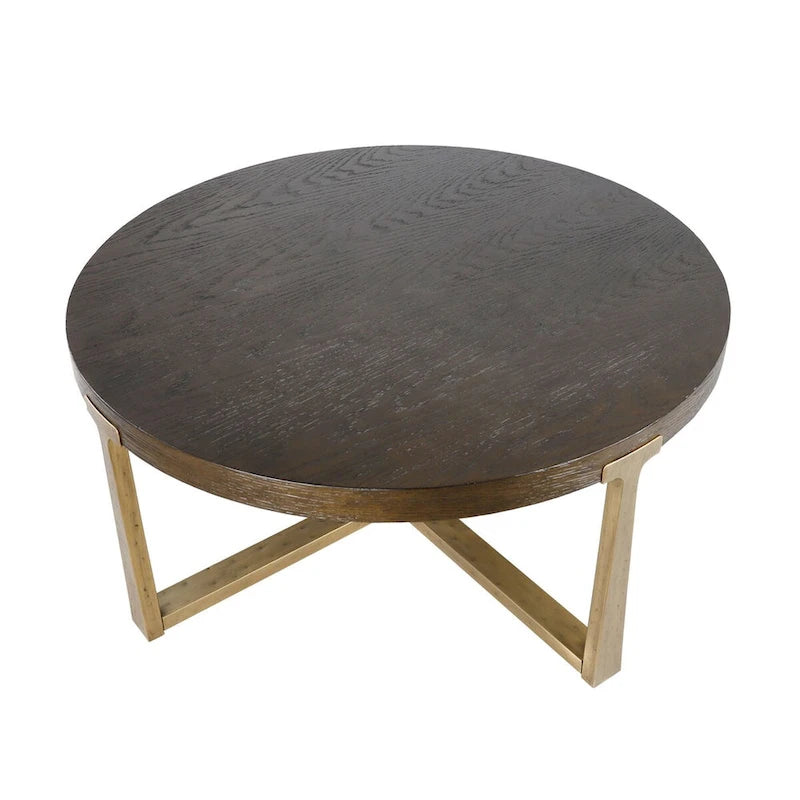 36 inch Rustic Round Wood Coffee Table Hammered Cross Legs Gold Finish Metal for Living Room - D36  X H16