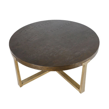 36 inch Rustic Round Wood Coffee Table Hammered Cross Legs Gold Finish Metal for Living Room - D36  X H16