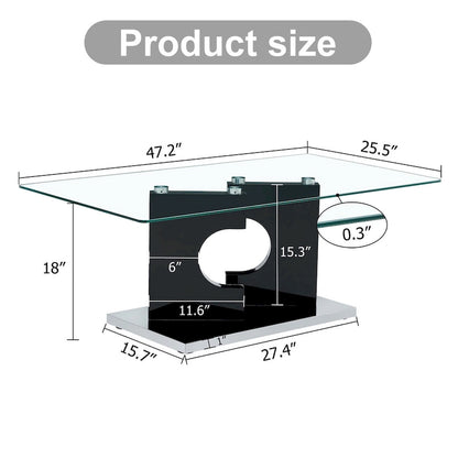 A rectangular modern coffee table with tempered glass tabletop and wooden color MDF legs. Suitable for living room.